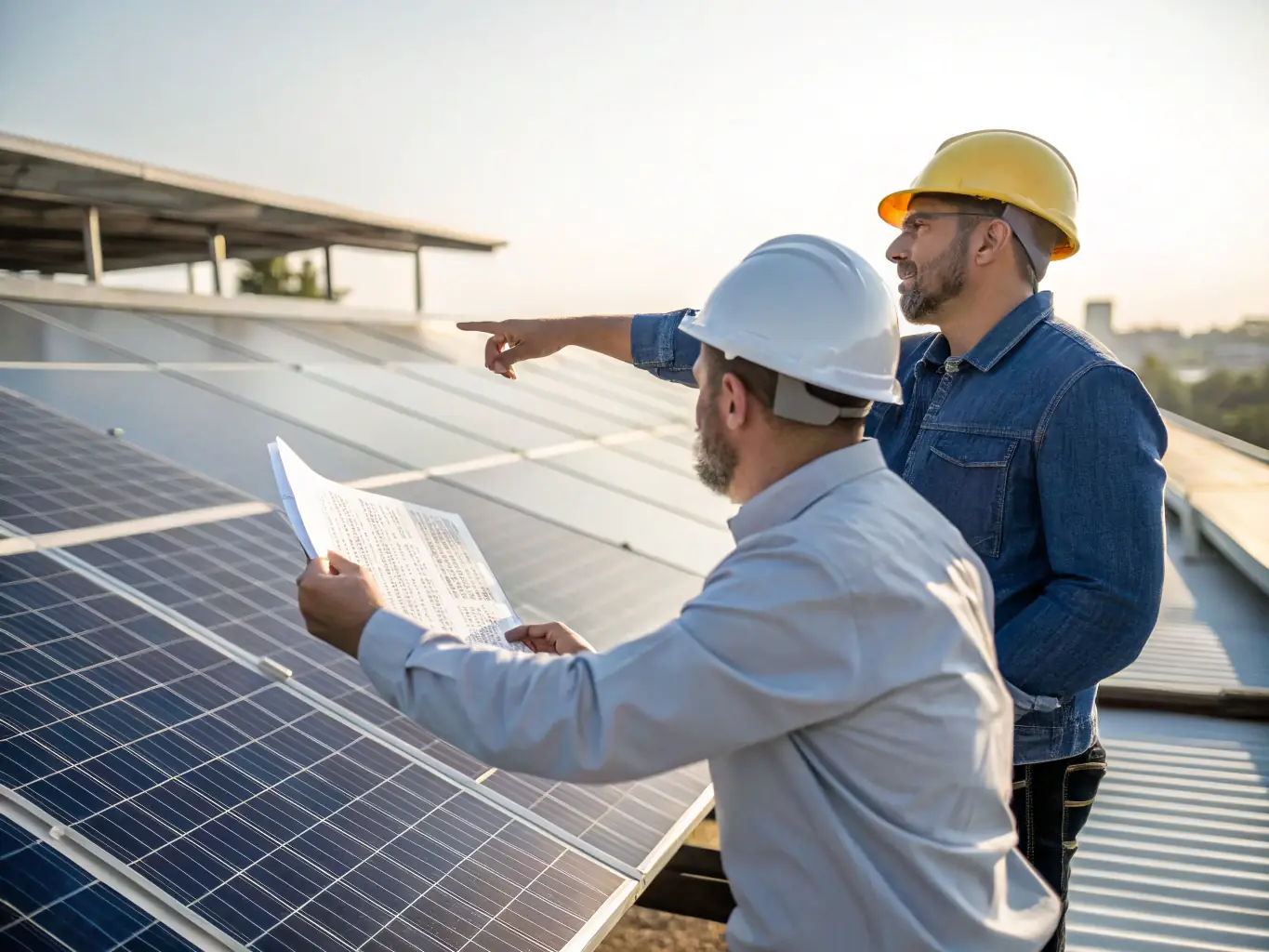 A consultant in a hard hat discussing solar panel plans with a client on a rooftop, with solar panels visible in the background. The image should convey expertise and collaboration.