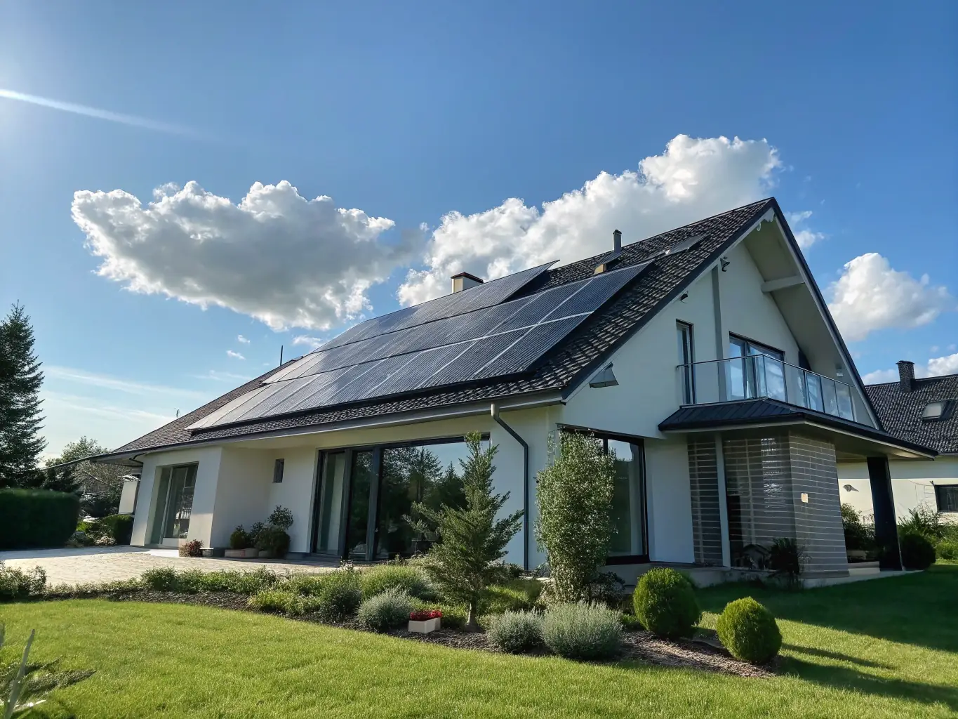 A modern home with sleek solar panels installed on the roof, set against a clear blue sky. The image should convey efficiency and environmental friendliness.