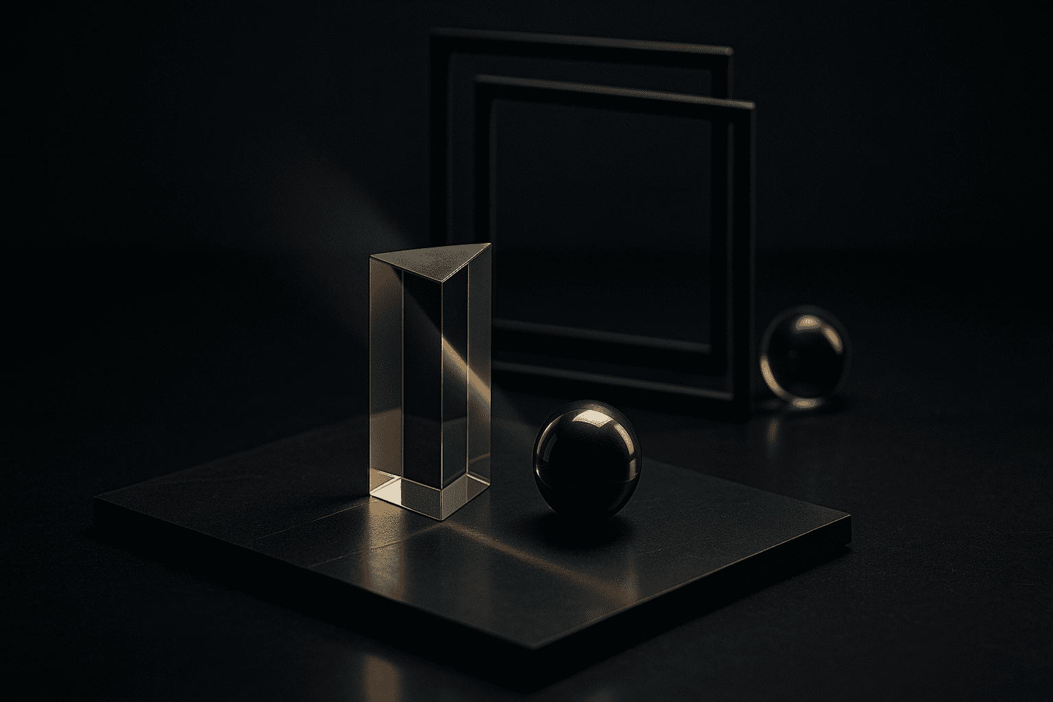An optical prism bending a narrow beam of light on smoked glass, with layered frames softly fading in the background.