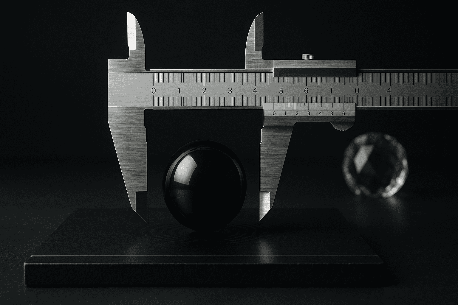 A brushed metal caliper precisely measuring a polished black sphere on a matte slate surface under controlled studio lighting.
