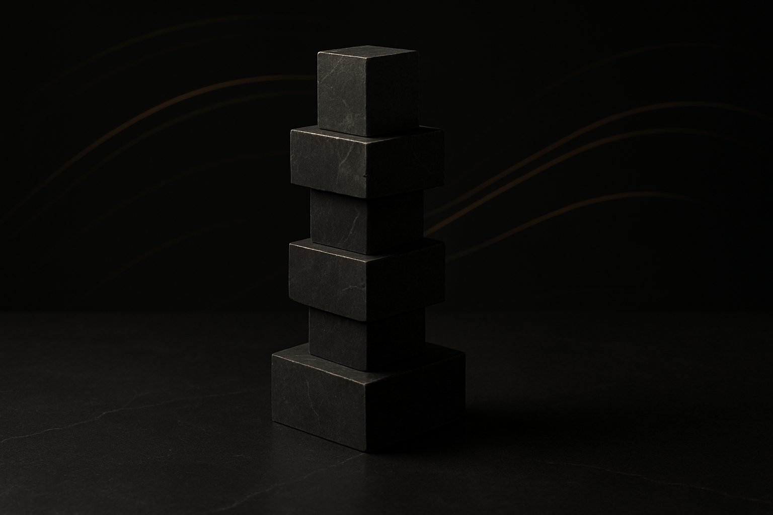 A precisely stacked tower of dark basalt blocks on a black stone surface with faint light trails in the background.