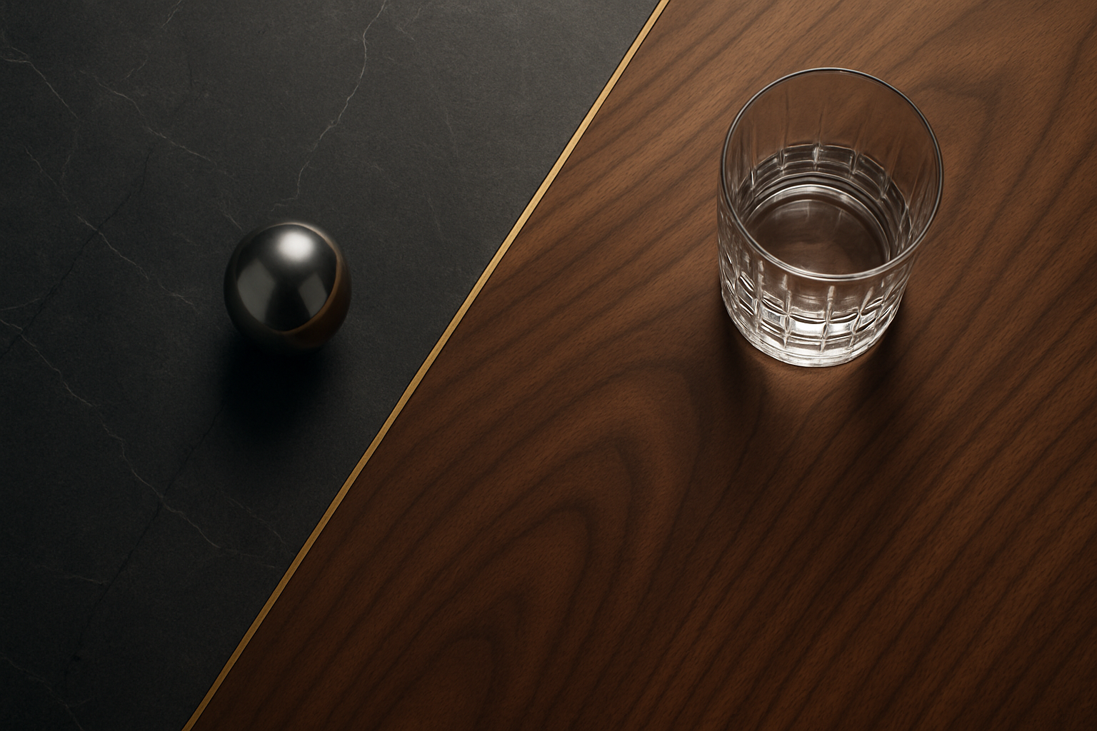 A diagonal brass inlay line crossing from dark stone into smoked walnut wood, with a metal sphere on one side and a crystal glass on the other.