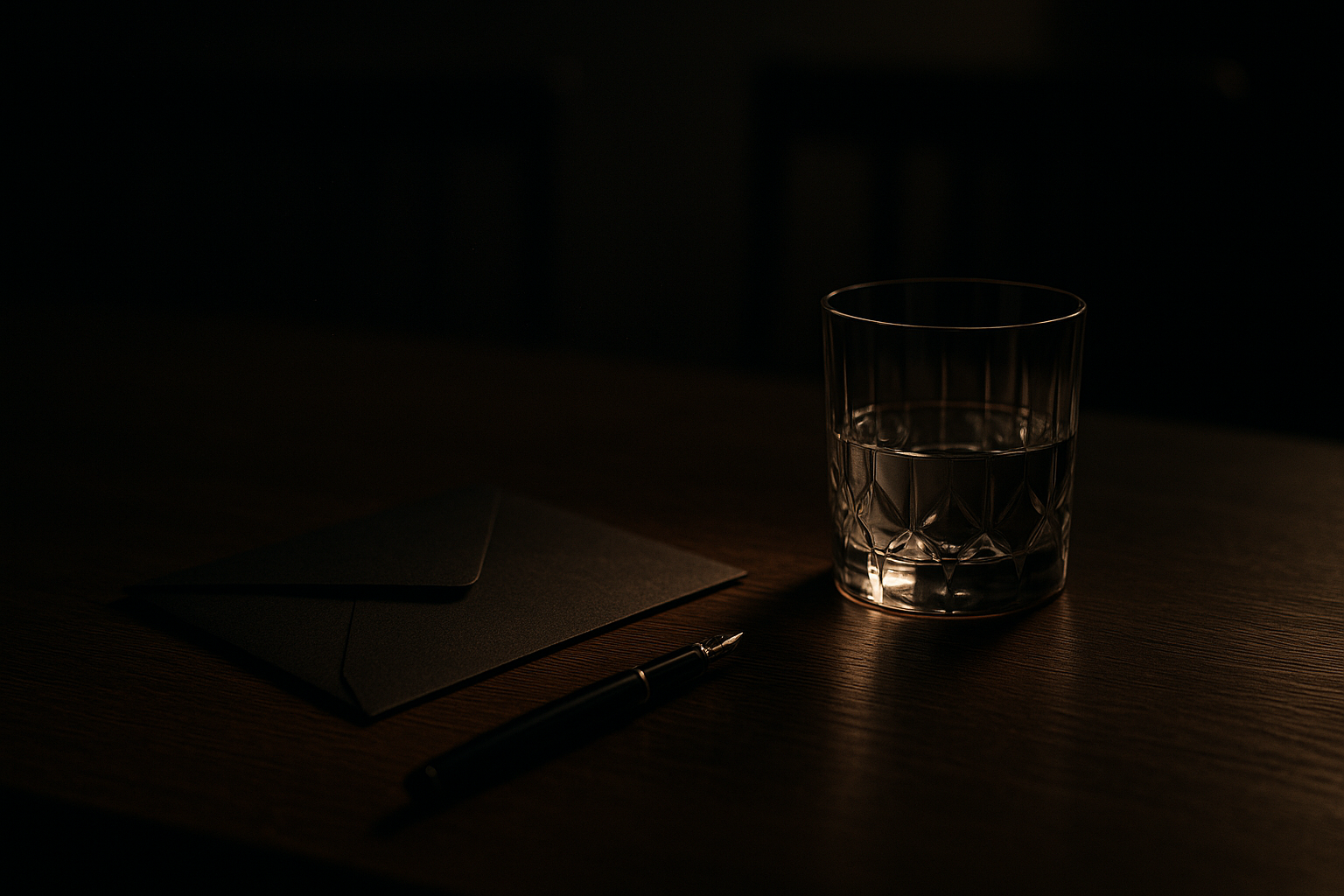 A sealed black envelope, a crystal tumbler, and an uncapped fountain pen on a dark wooden table under a single warm light.