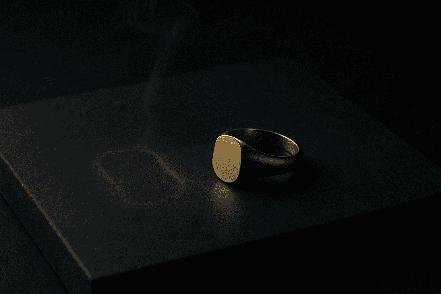 A polished metal tuning fork above a shallow tray of black water, creating subtle ripples in low, cinematic light.