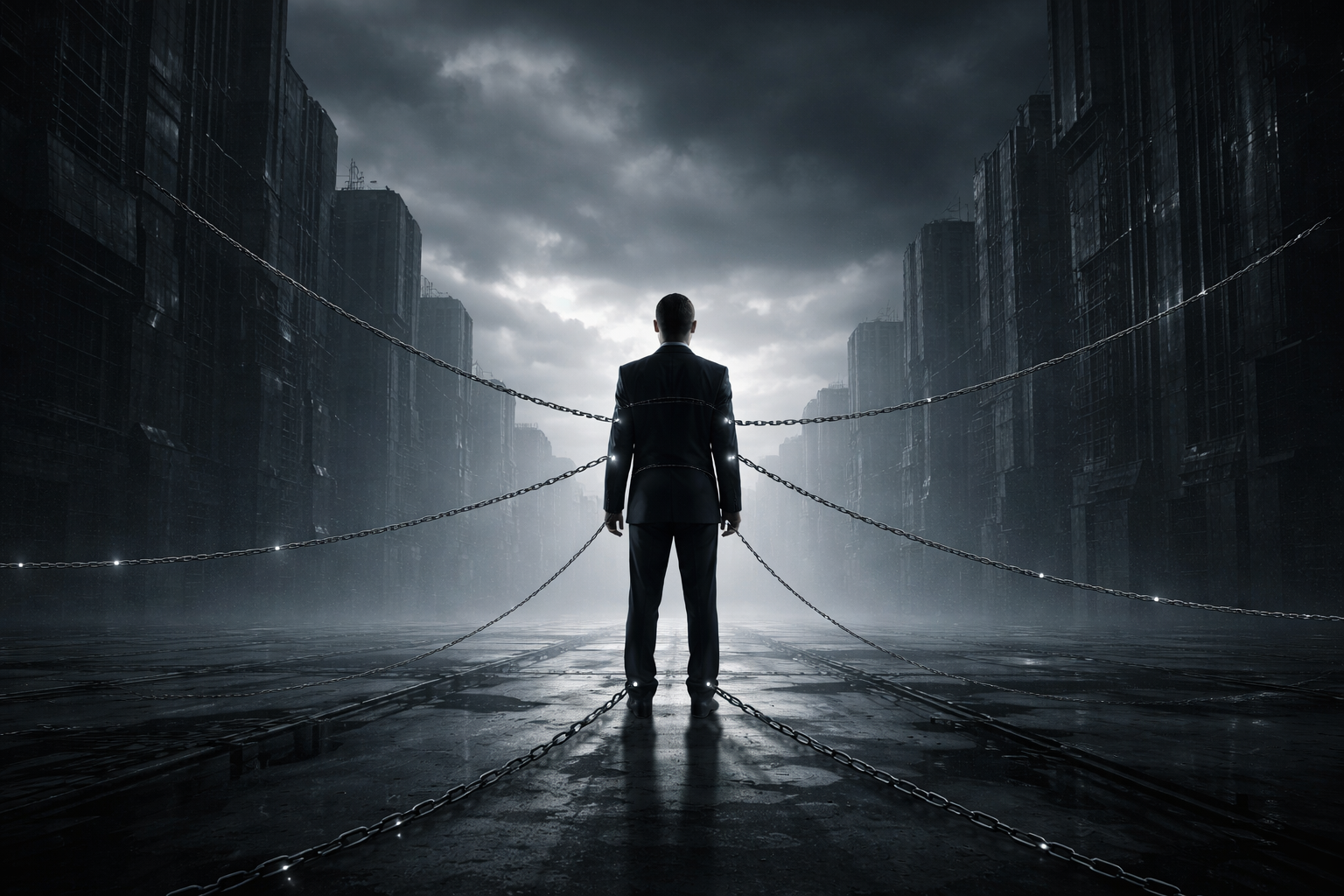 A lone figure standing in a vast, grey-toned concrete space, surrounded by subtle signs of control, under a heavy sky.