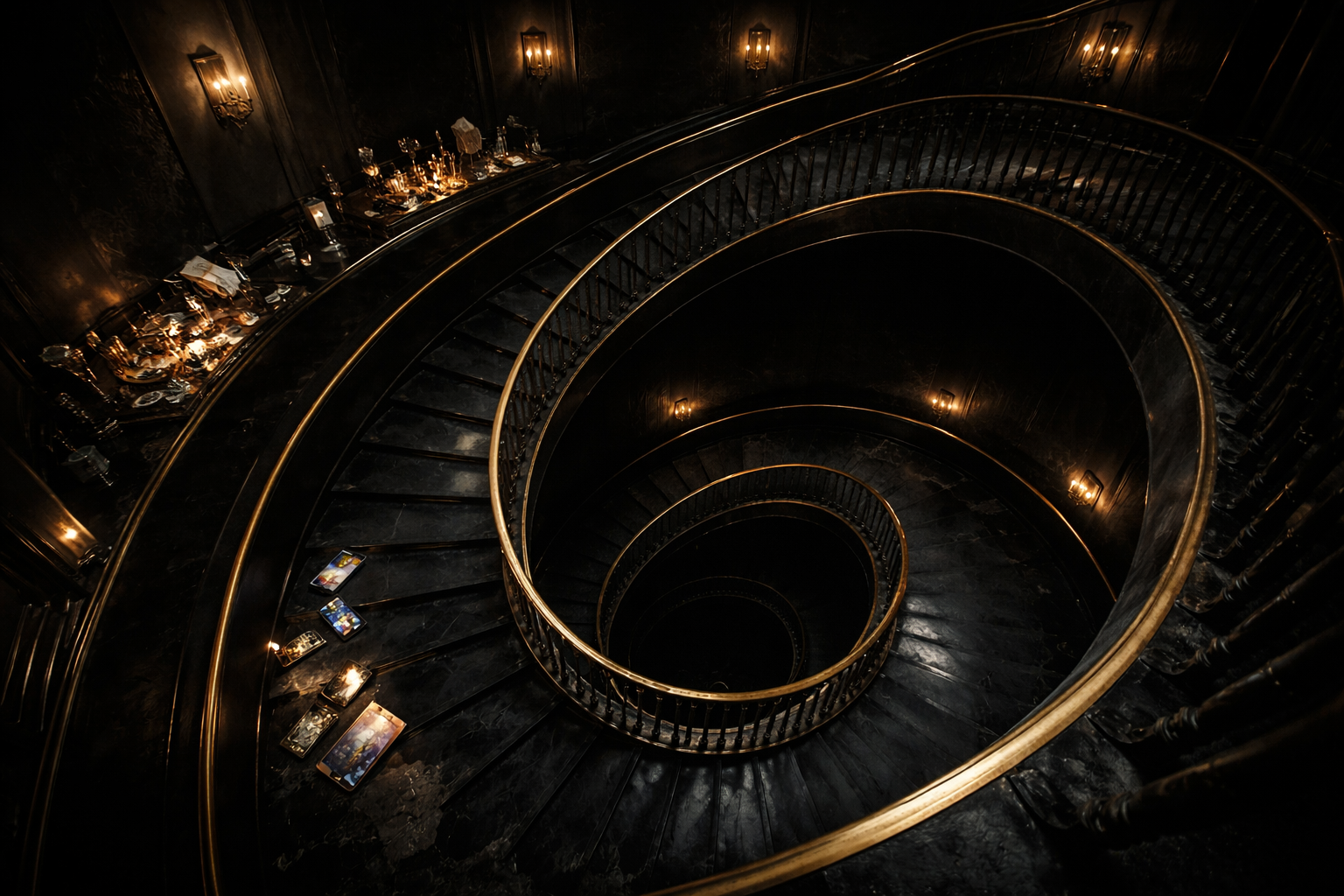 A dark, luxurious spiral staircase descending into shadows, with subtle glowing symbols of comfort along its path.