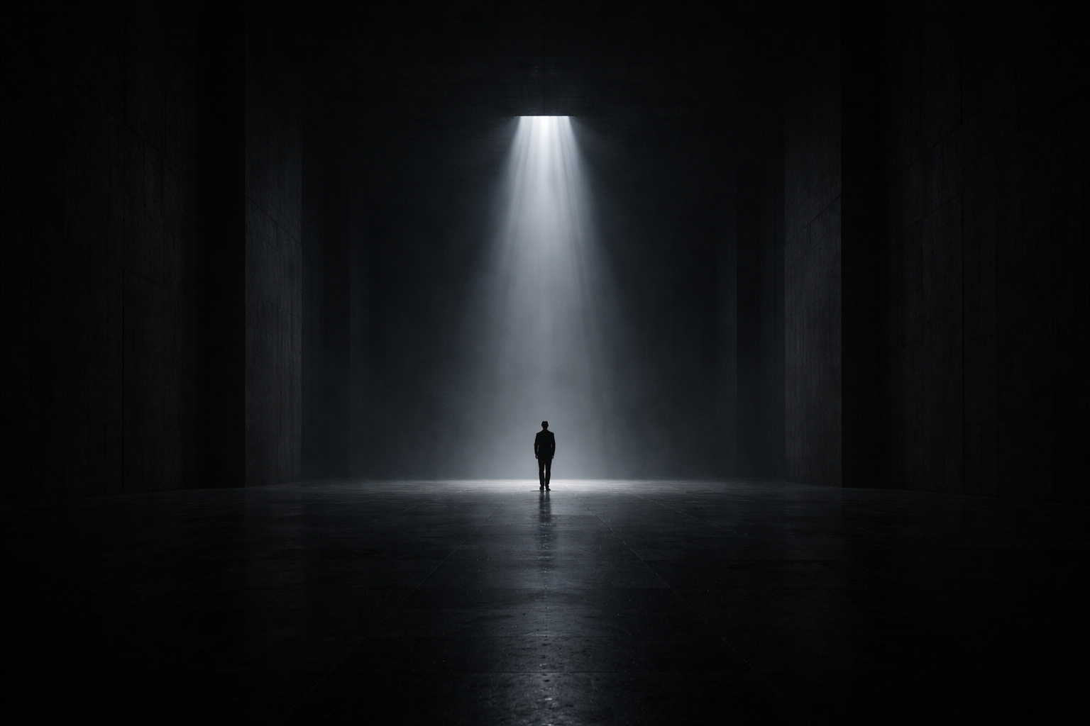A solitary human figure in a massive, shadowy hall of abstract architecture, lit softly from above.